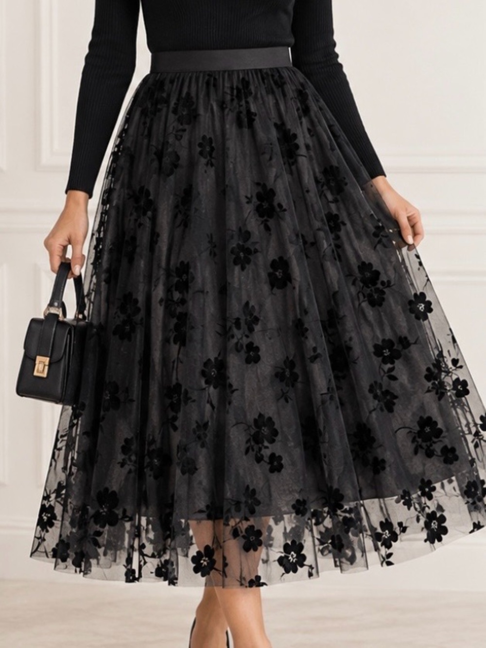 Chicwish Black Floral Mesh Midi Skirt - Women